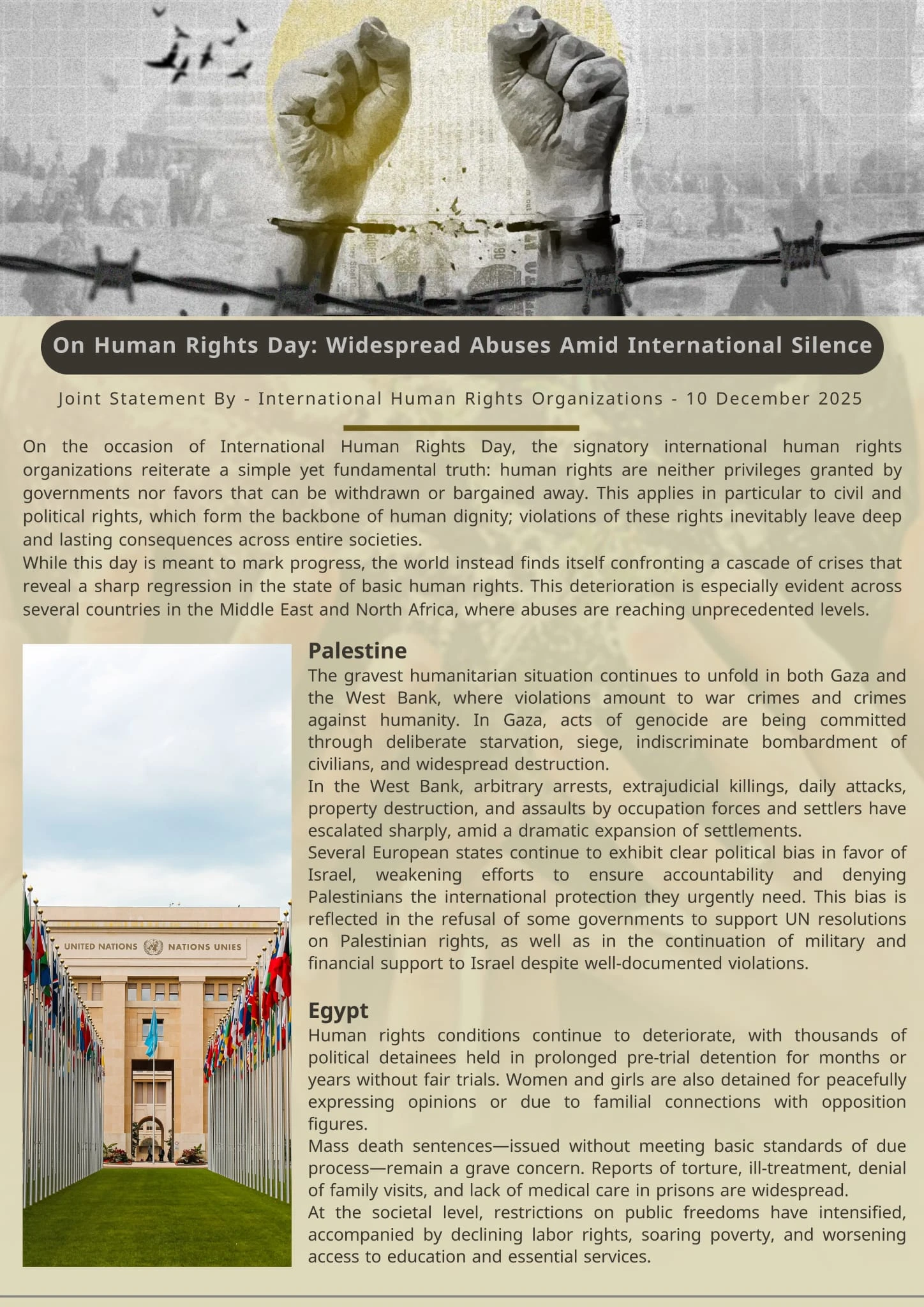 Joint Statement on Human Rights Day: Widespread Abuses Amid International Silence