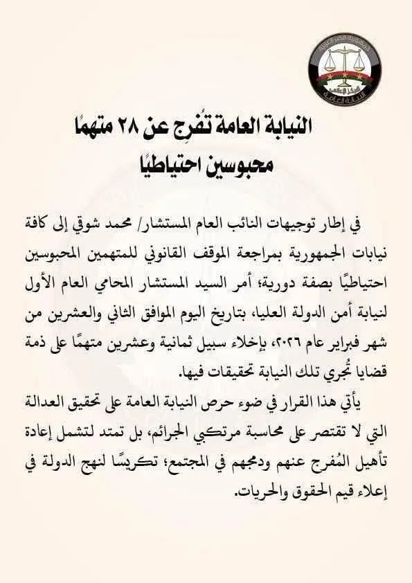 نيابة أمن الدولة تصدر قرارا بأخلاء سبيل 28